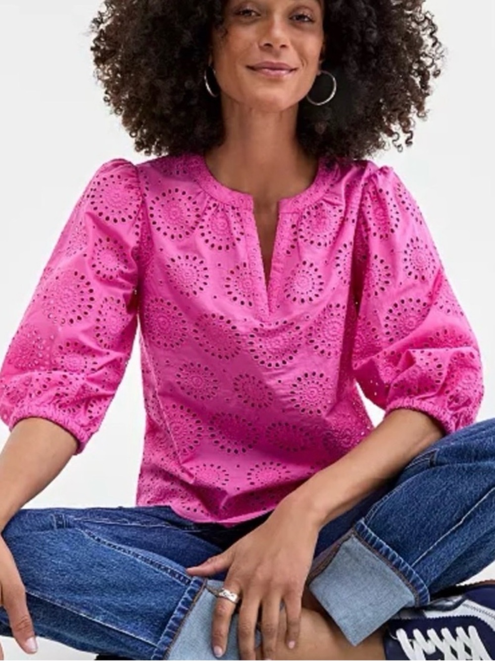 Eyelet Split-Neck Blouse Pink